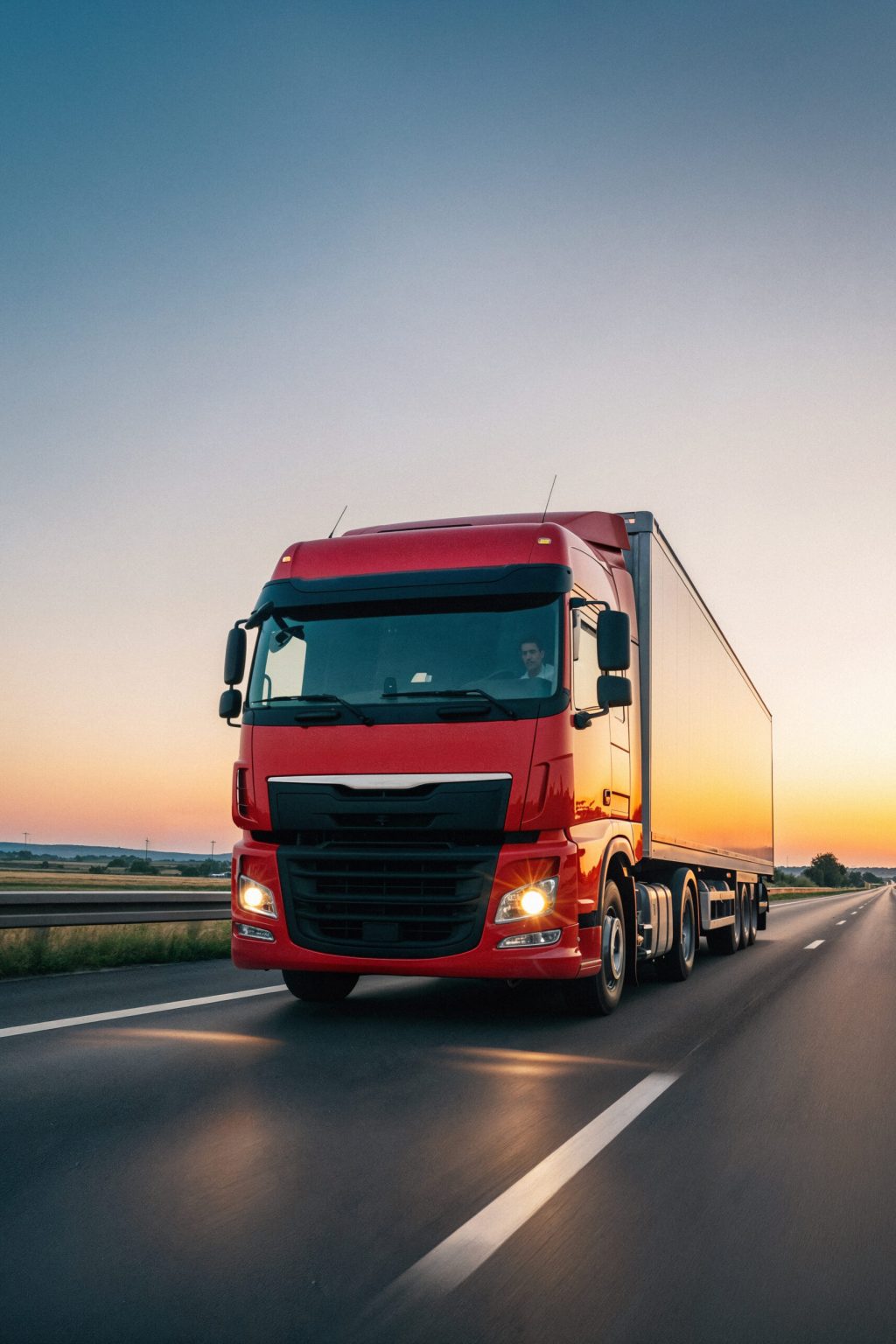 red-semi-truck-driving-highway-sunset